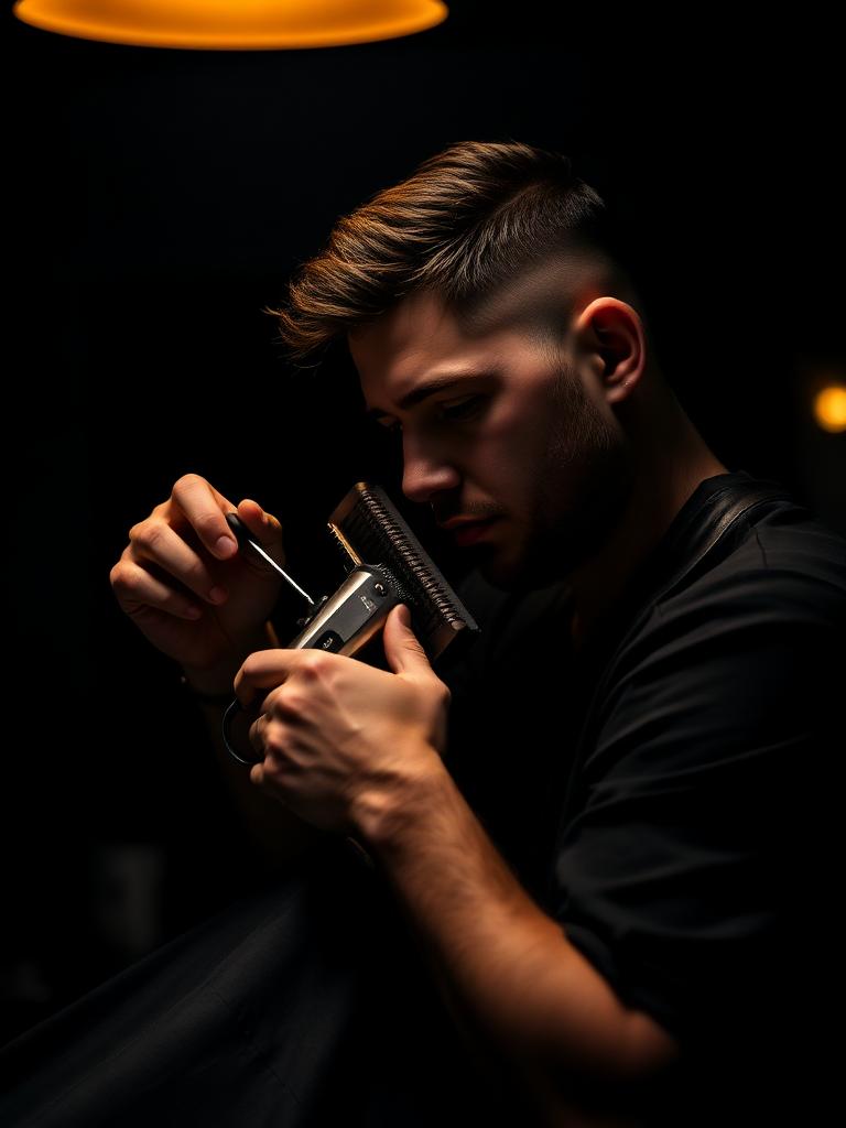 Aws shaping a fade with clippers in warm, low light